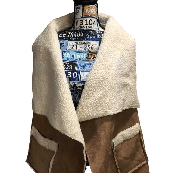 Tan Sherpa Lined Accent Open Front Vest Pockets Warm Cozy Snow Boho Sz L/XL - Picture 2 of 13